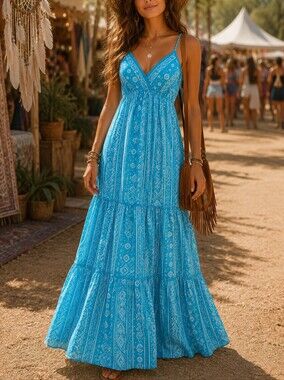 Lara Ethnics Printed Sleeveless Tiered V-neck Maxi Dress Resortwear Women's S/M